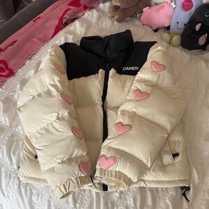 Dandy Cream and Black Puffer Jacket with Pink Heart Accents